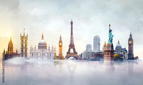 Famous Global Landmarks Skyline Collage with Reflection