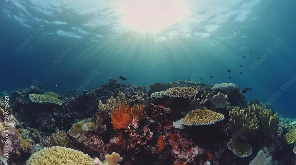 Fototapeta premium Underwater Coral Reef Paradise: Sunbeams Illuminate Vibrant Marine Life