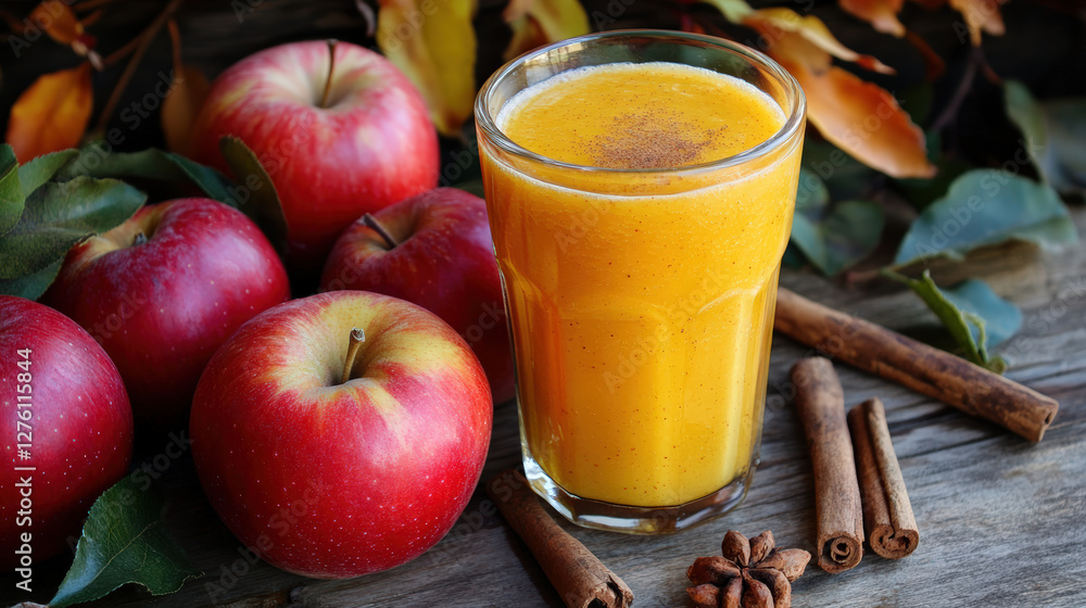 Fresh apple cinnamon smoothie in tall glass, surrounded by red apples and cinnamon sticks, evokes warm, cozy autumn vibe Fresh apple cinnamon smoothie in tall glass, surrounded by red apples and cinnamon sticks, evokes warm, cozy autumn vibe