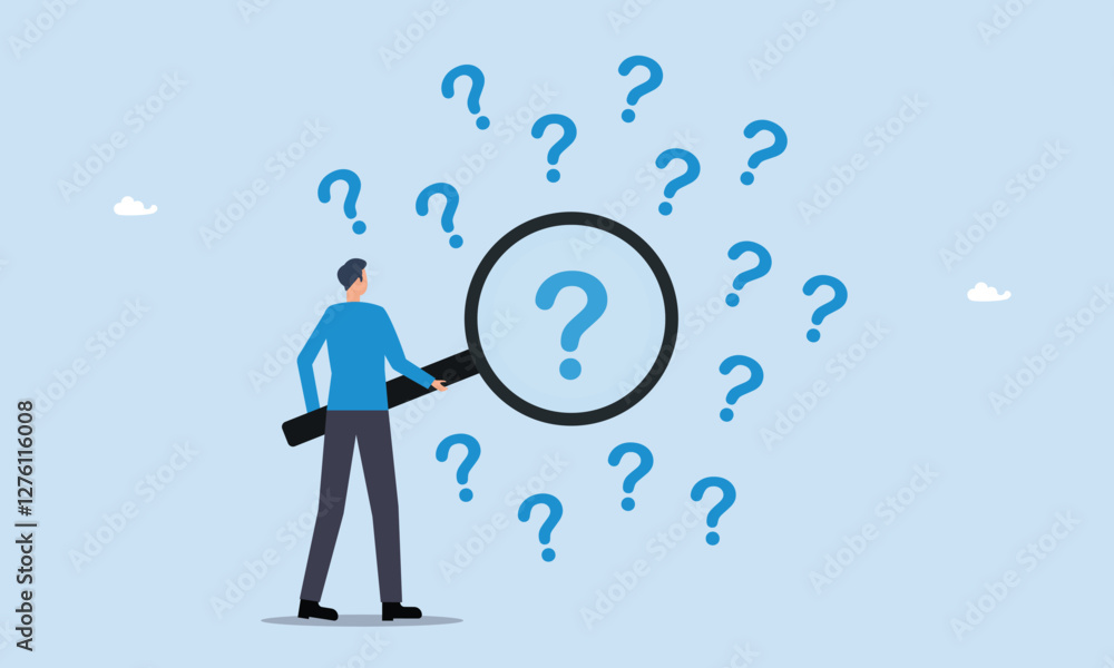 Problem analysis or problem management, businessman with magnifying glass analyze question marks, analyze or investigate for root cause or incident, finding solution or discover threat or uncertain. Problem analysis or problem management, businessman with magnifying glass analyze question marks, analyze or investigate for root cause or incident, finding solution or discover threat or uncertain.