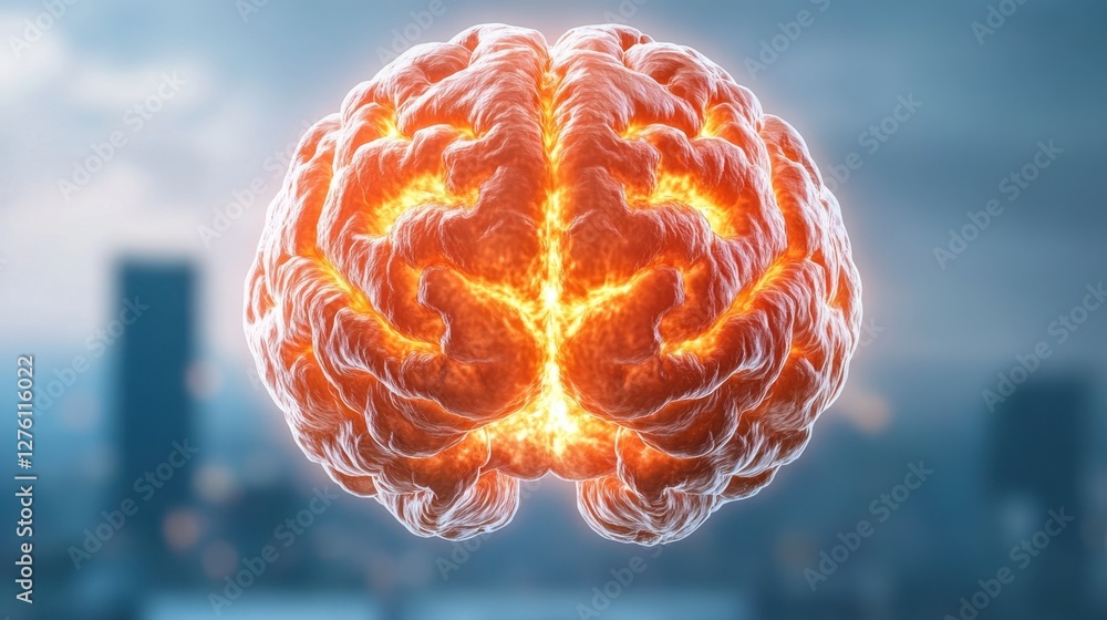 Glowing orange brain, detailed surface texture, inner light, city background, digital art, concept of ideas, intelligence, mental health, creativity Glowing orange brain, detailed surface texture, inner light, city background, digital art, concept of ideas, intelligence, mental health, creativity