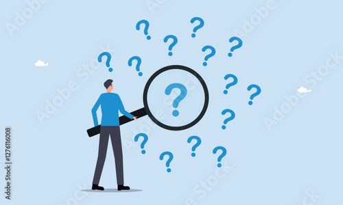 Problem analysis or problem management, businessman with magnifying glass analyze question marks, analyze or investigate for root cause or incident, finding solution or discover threat or uncertain.