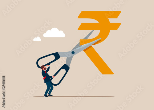 Businessman cutting scissors to cut rupee sign. Cost reduction or cut price. Flat vector illustration.