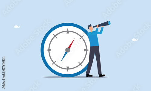 Business goal and achievement or looking for solution and discovery concept, business direction with leadership visionary, smart businessman leader using telescope look for the way forward strategy.