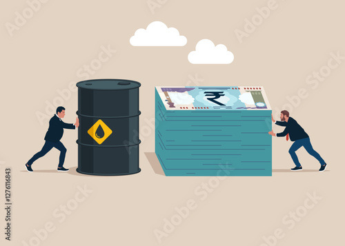 Businessman buys сrude oil in rupee. Partner holding oil barrel. Sale of petroleum products and fuels. Modern flat vector illustration