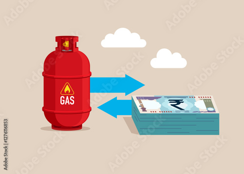 World gas prices. Investment, exchange between gas cylinder and rupee money. Modern flat vector illustration