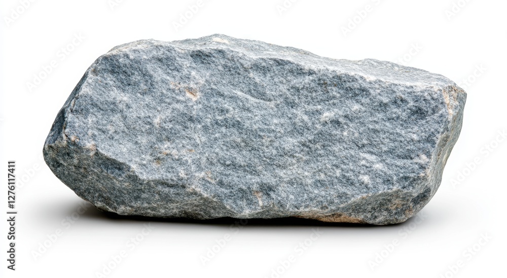 Fototapeta premium Close up view of a gray, rough textured rock isolated on a white background. The rock is irregularly shaped with visible grains and subtle color