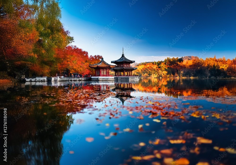 Pagoda nestled by a tranquil lake, surrounded by vibrant autumn foliage. Red and orange leaves adorn trees, reflected in calm waters under a clear blue sky. Pagoda nestled by a tranquil lake, surrounded by vibrant autumn foliage. Red and orange leaves adorn trees, reflected in calm waters under a clear blue sky.