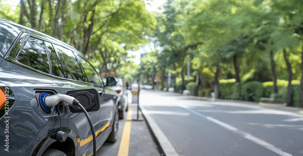 Fototapeta premium electric car is parked on city street, connected to charging station, showcasing modern urban transportation and eco friendly technology