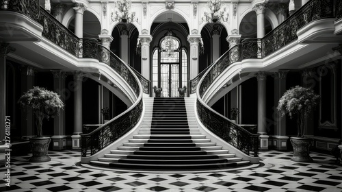 staircase house black and white photo