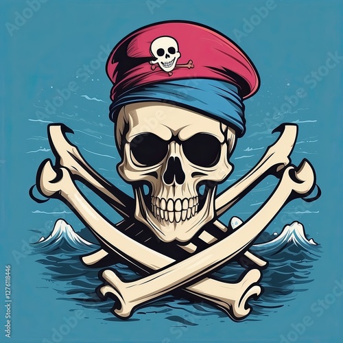 Skull and crossbones pirate emblem with blue ocean waves in the background captured during a sunny day photo