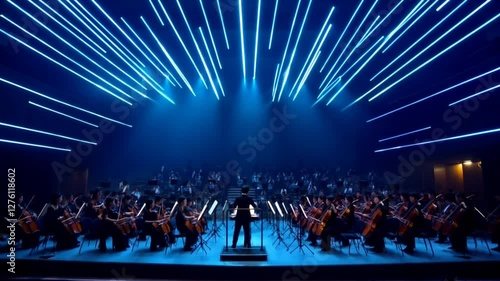 Orchestra Performing Under Blue Stage Lights