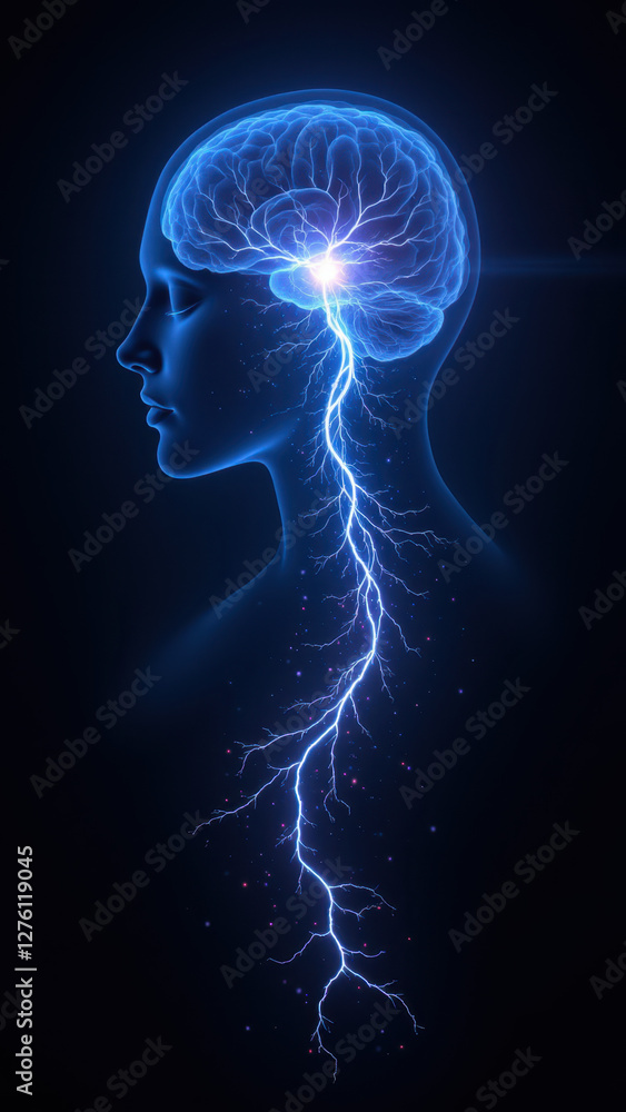 Visual representation of VNS (Vagus Nerve Stimulation) with a person's head and lightning bolts symbolizing electrical signals.