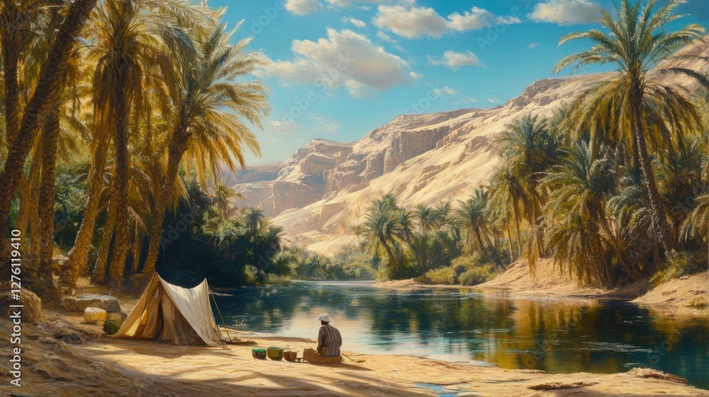 Naklejka premium An Arab man setting up camp in the desert near an oasis surrounded by palm trees and water