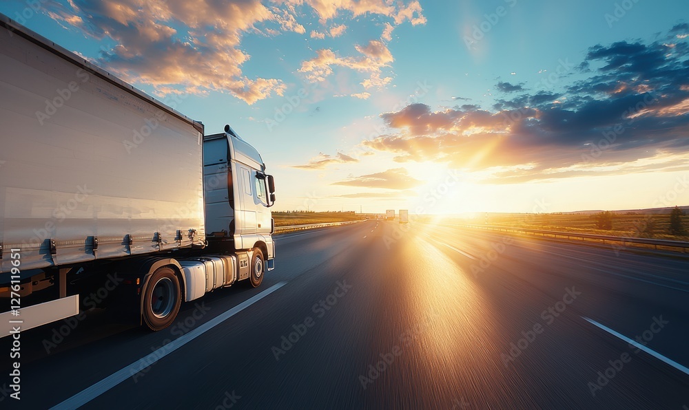 Truck driving on highway at sunset delivering goods Truck driving on highway at sunset delivering goods