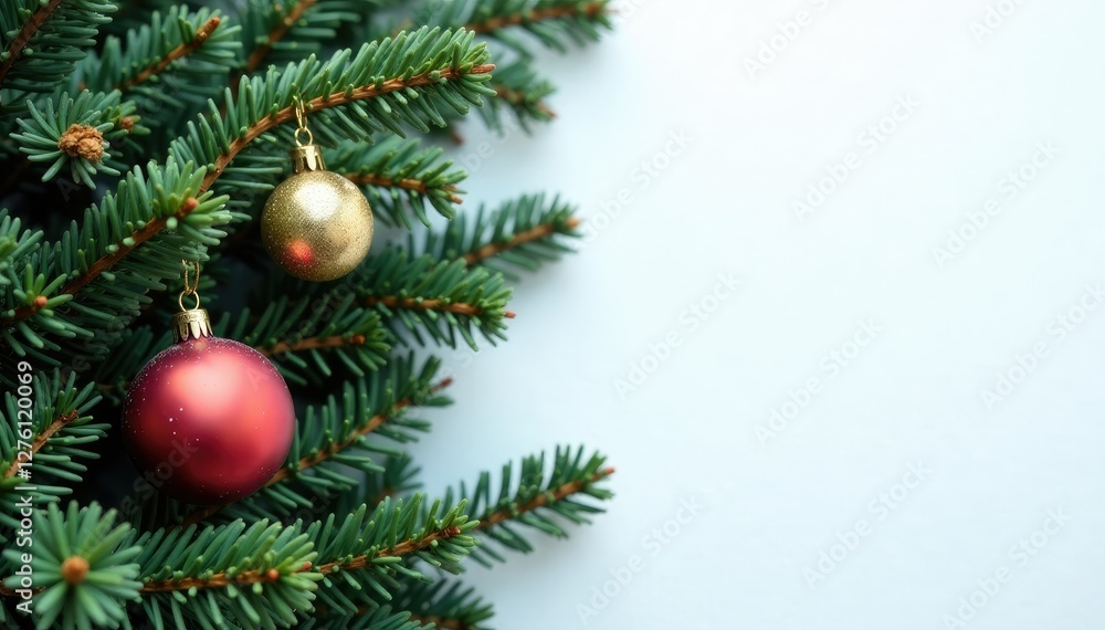 Dark green fir branches against a snowy white background with Christmas ornaments, branches, fir Dark green fir branches against a snowy white background with Christmas ornaments, branches, fir