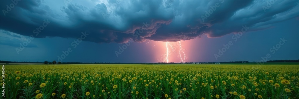 Dark grey clouds with lightning illuminate the soybean field, weather, field, landscape Dark grey clouds with lightning illuminate the soybean field, weather, field, landscape