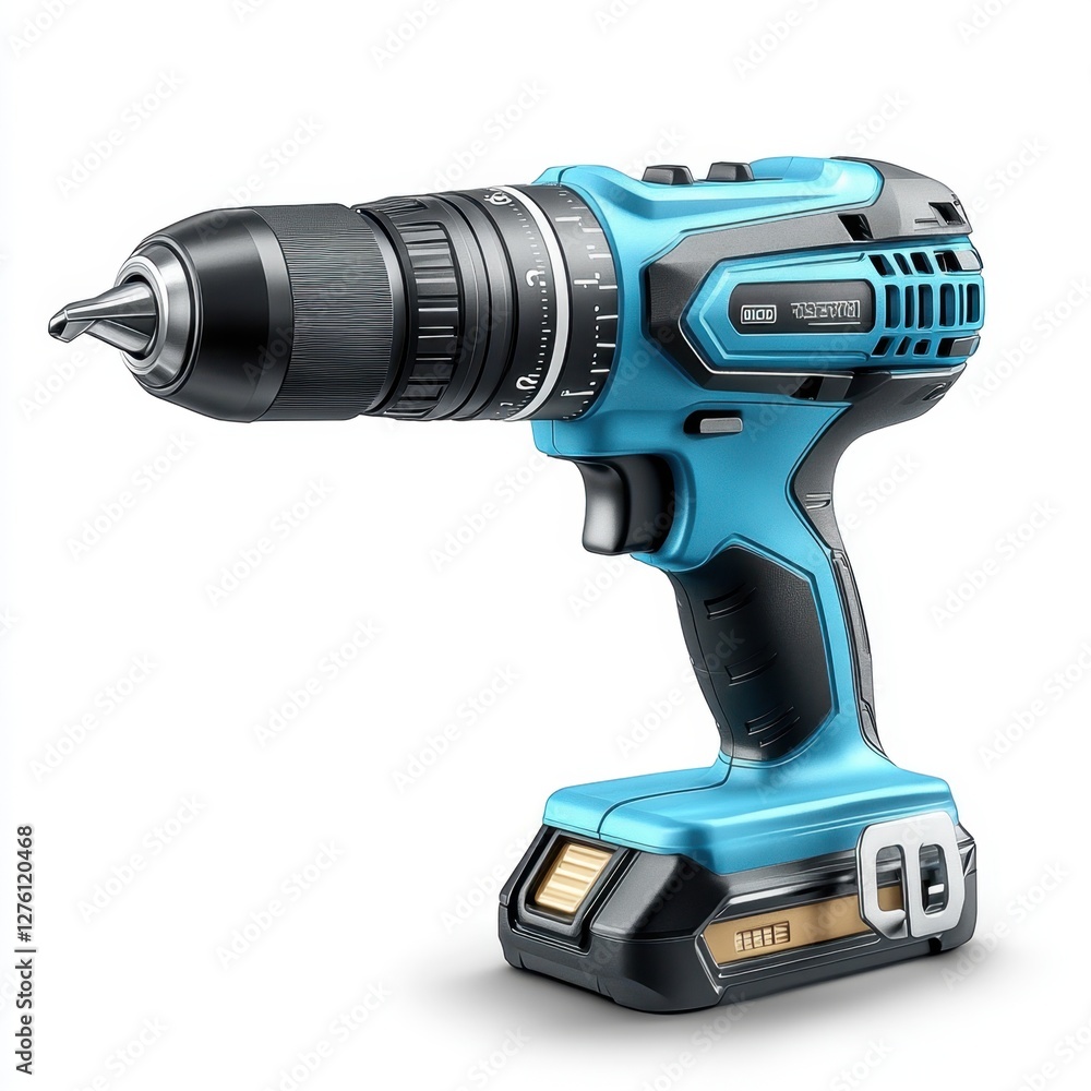 A realistic electric drill with a blue and black design, photorealistic, white background A realistic electric drill with a blue and black design, photorealistic, white background