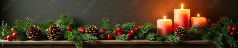 Decorative mantel with evergreen branches, pinecones and candles, Christmas mantels, candles Decorative mantel with evergreen branches, pinecones and candles, Christmas mantels, candles