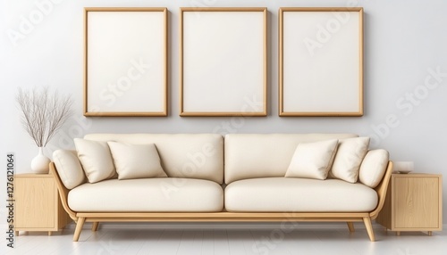 Beige couch with wooden frame and light beige pillows sits in a minimalist living room with three empty light wood picture frames on a white wall