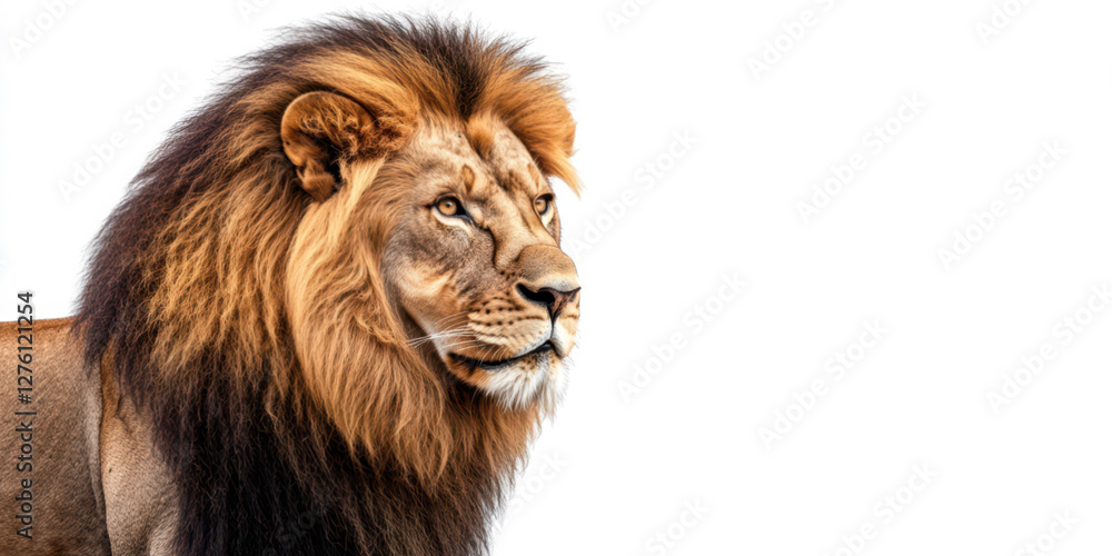Majestic lion with a full mane, standing proudly and looking into the distance, isolated on a white background Majestic lion with a full mane, standing proudly and looking into the distance, isolated on a white background