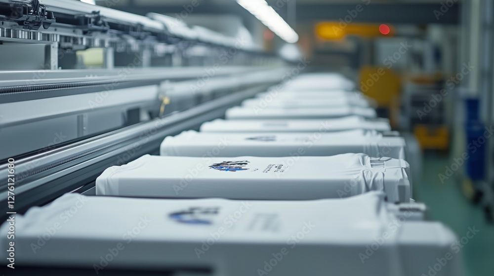 Fototapeta premium White t - shirt is hanging on line of machines. T-shirt printing with machine innovation. A shirt printed with textiles in a production. A white t-shirt is draped over a row lifestyle of machines.