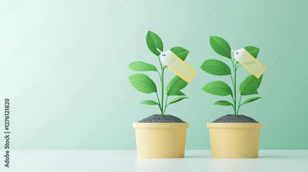 Obraz premium Two potted plants with tags, perfect for gardening concepts.