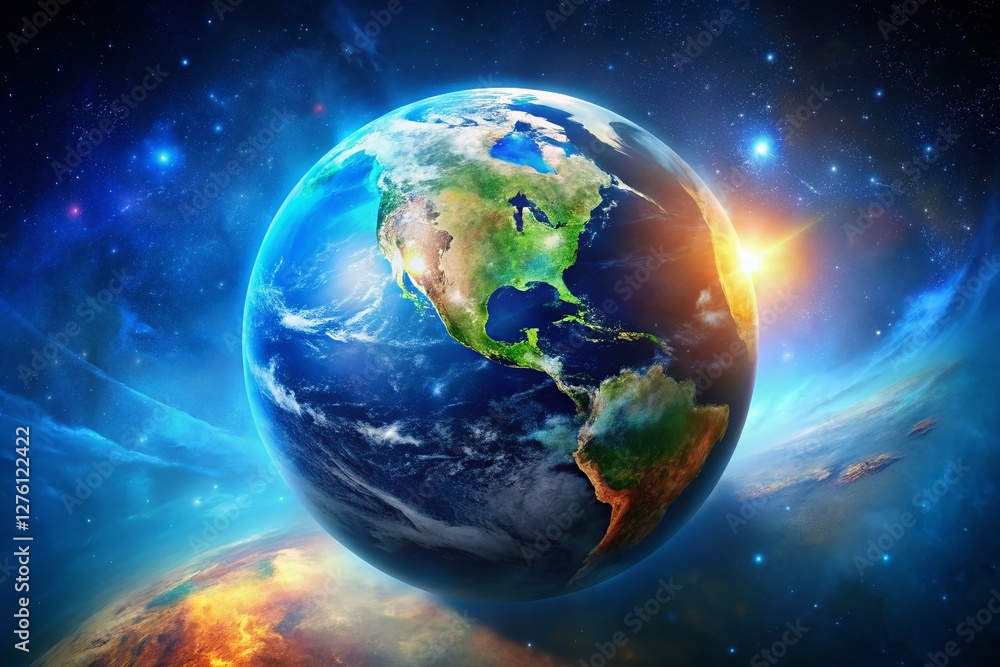 Cosmic Earth Globe: Abstract 3D Space Design with Text Space - Blue & Starry Background Cosmic Earth Globe: Abstract 3D Space Design with Text Space - Blue & Starry Background