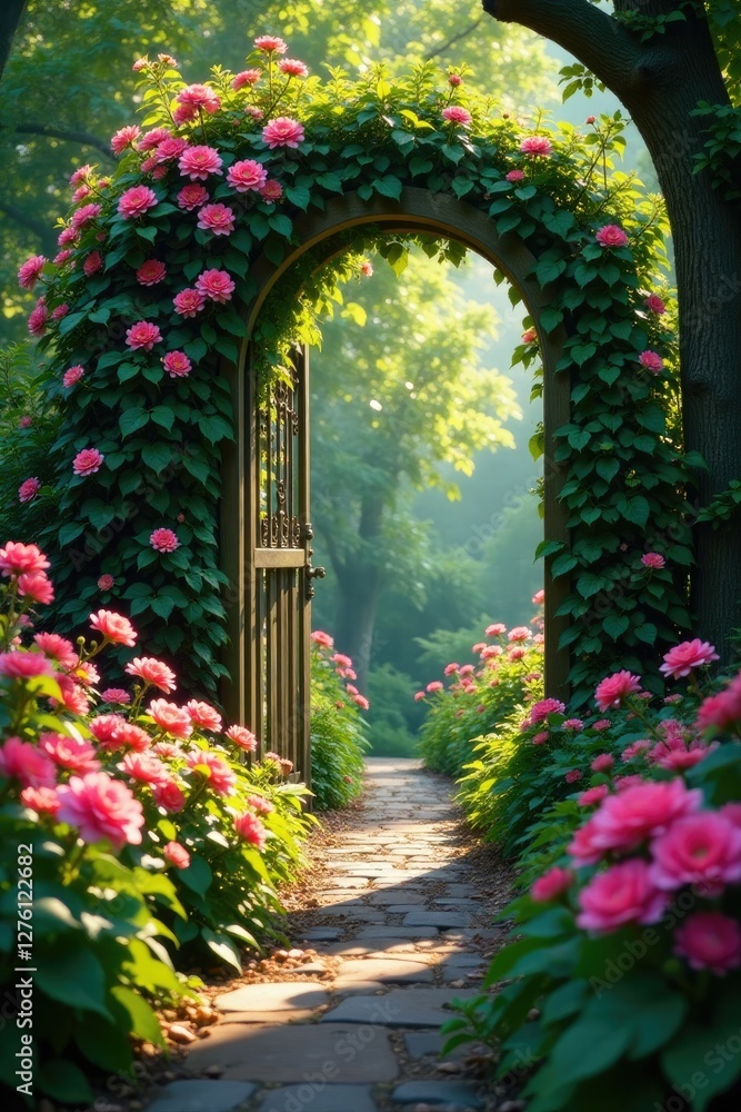 Fototapeta premium Garden gate with lush greenery and blooming flowers, paradise, blooms