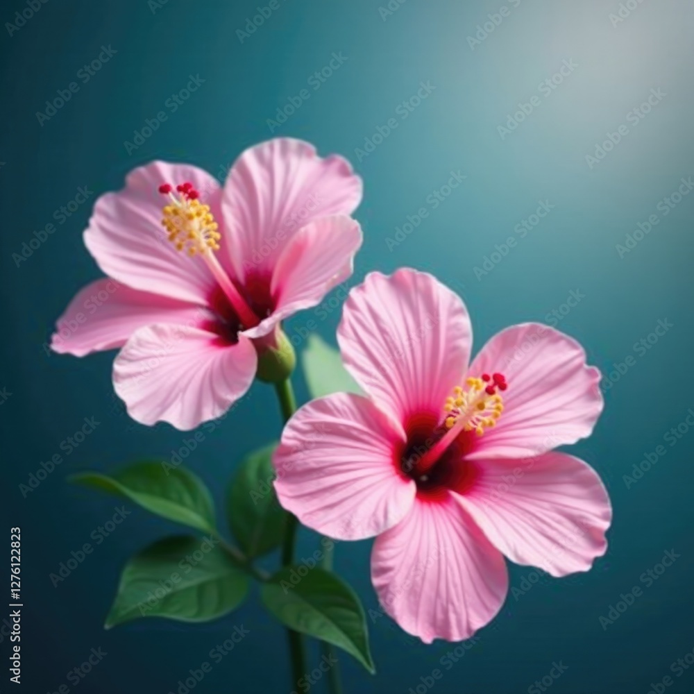 Fototapeta premium Gentle hues of blue and pink with rose blooms, pastel, hibiscus