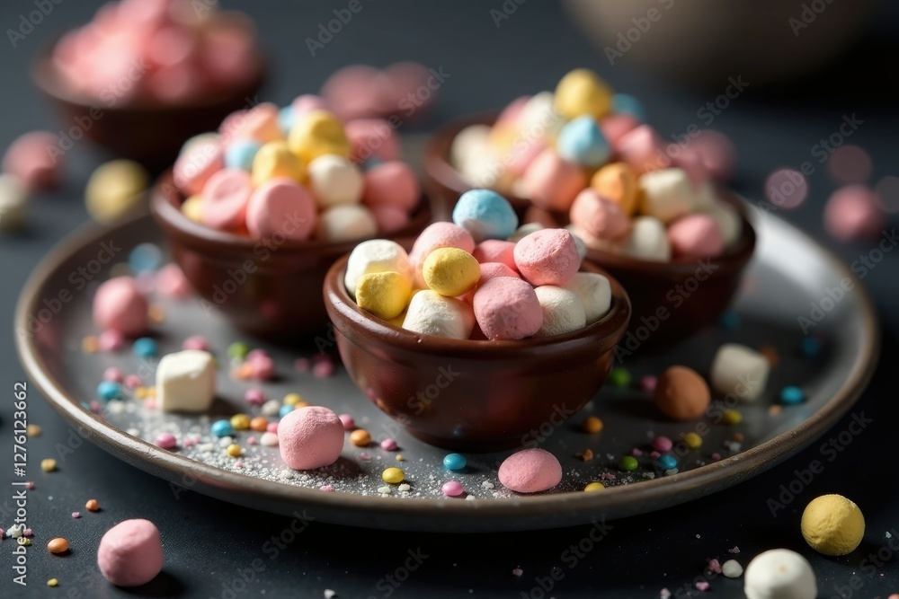 Miniature chocolate bowls containing mini marshmallows and candy pieces on a dark background, dessert plate, colorful, small Miniature chocolate bowls containing mini marshmallows and candy pieces on a dark background, dessert plate, colorful, small