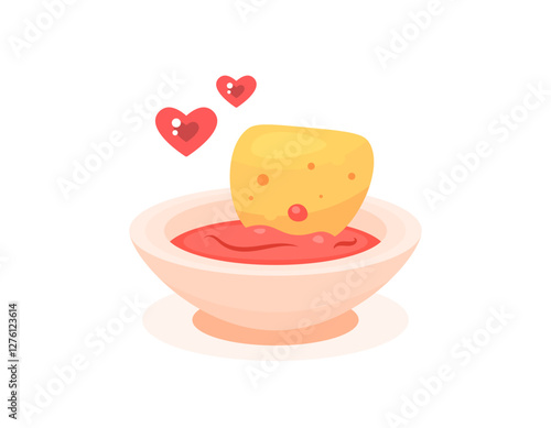 illustration of a chip dipped in a bowl of tomato sauce. national chips and dip day. potato or corn chips with chili sauce. love food and snacks. flat style design. elements