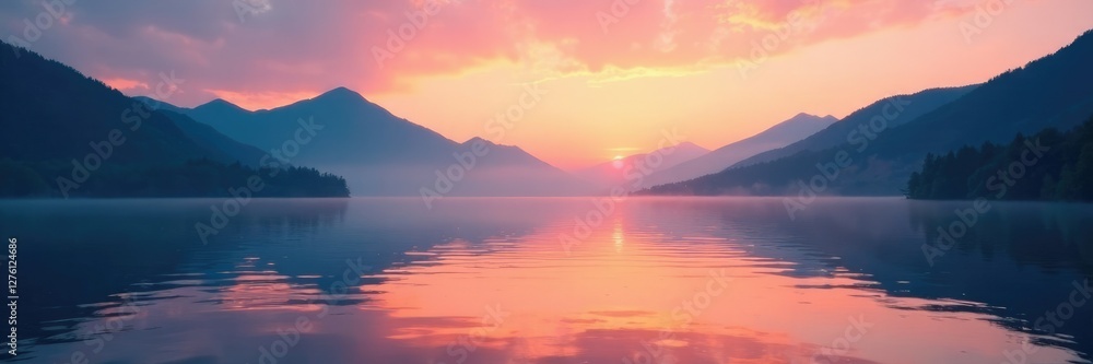 misty mountains reflected in calm and peaceful lake waters at sunset, ripples, tranquil, lake misty mountains reflected in calm and peaceful lake waters at sunset, ripples, tranquil, lake