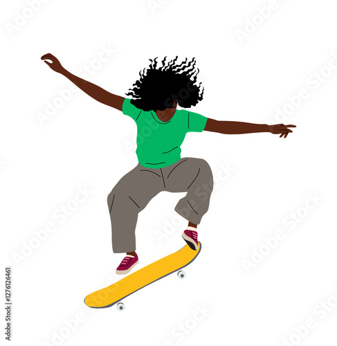 Black girl Skater jumping, riding skateboard. Young cool woman, trick and stunt on skate board, movement in air. Outdoor extreme sport. Flat vector colorful illustration isolated