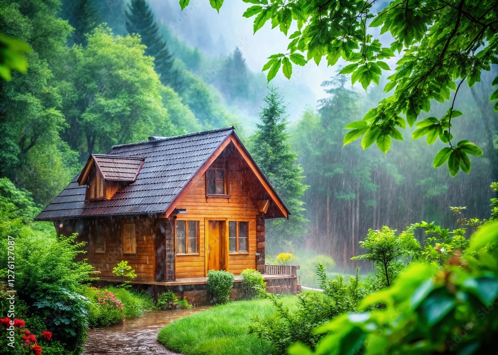 Cozy Wooden Cabin in Rainy Forest - Peaceful Nature Retreat Stock Photo Cozy Wooden Cabin in Rainy Forest - Peaceful Nature Retreat Stock Photo