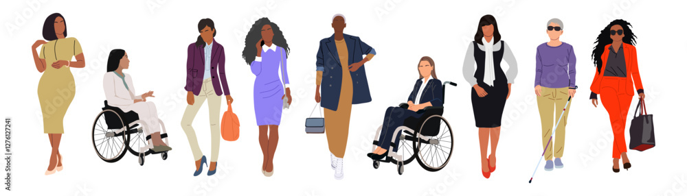 Obraz premium Business women collection. Vector realistic illustration of diverse multinational standing cartoon women in smart casual office outfits. Inclusive business concept. Isolated