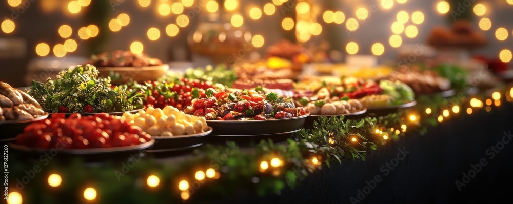 A beautifully arranged table filled with colorful dishes, garnished with greenery, set against a backdrop of warm, glowing lights. A beautifully arranged table filled with colorful dishes, garnished with greenery, set against a backdrop of warm, glowing lights.