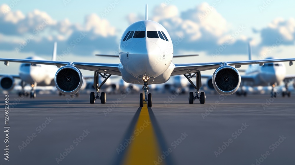 Airplanes lined up on a tarmac under a partly cloudy sky. The focus is on a passenger jet in the foreground. The image has a bright, daytime Airplanes lined up on a tarmac under a partly cloudy sky. The focus is on a passenger jet in the foreground. The image has a bright, daytime