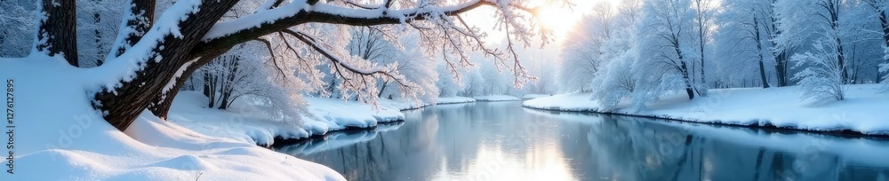 Fototapeta premium Snow covered tree branches hanging over frozen river, trees, winter, frost