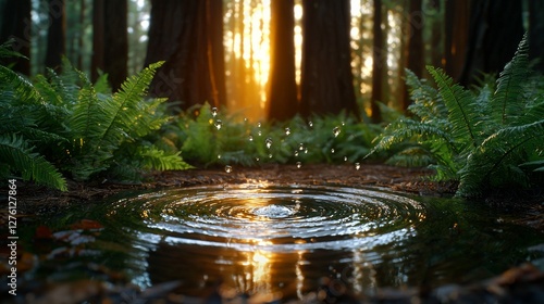 Water Droplets Create Ripples in Serene Forest Puddle at Sunset Nature Photography Tranquil Environment Close-Up View