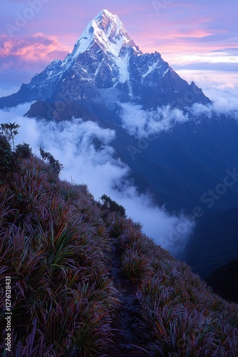 Majestic mountain peak rising above clouds during sunrise in the Andes photo