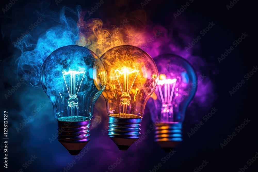 Light bulbs shining with colorful smoke, creativity and innovation concept Light bulbs shining with colorful smoke, creativity and innovation concept