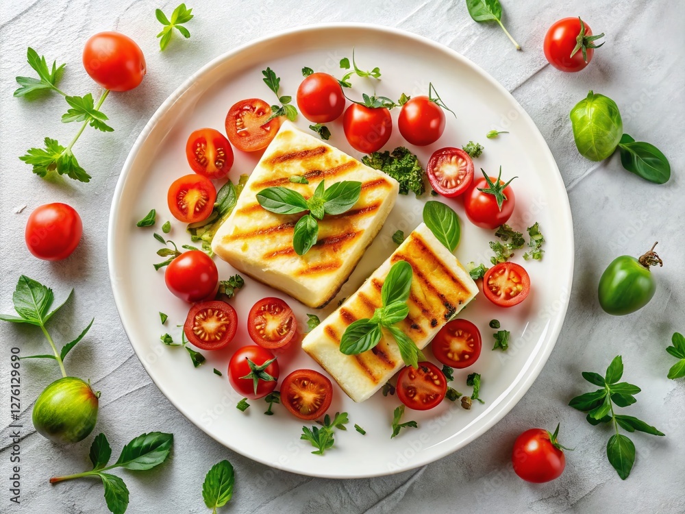 Crispy Fried Halloumi Cheese with Herbs & Tomatoes - Minimalist Food Photography Crispy Fried Halloumi Cheese with Herbs & Tomatoes - Minimalist Food Photography
