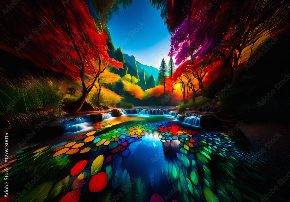 Fototapeta premium Colorful river flows through a forest of vividly hued trees, creating a magical, painterly landscape with bright, saturated colors.