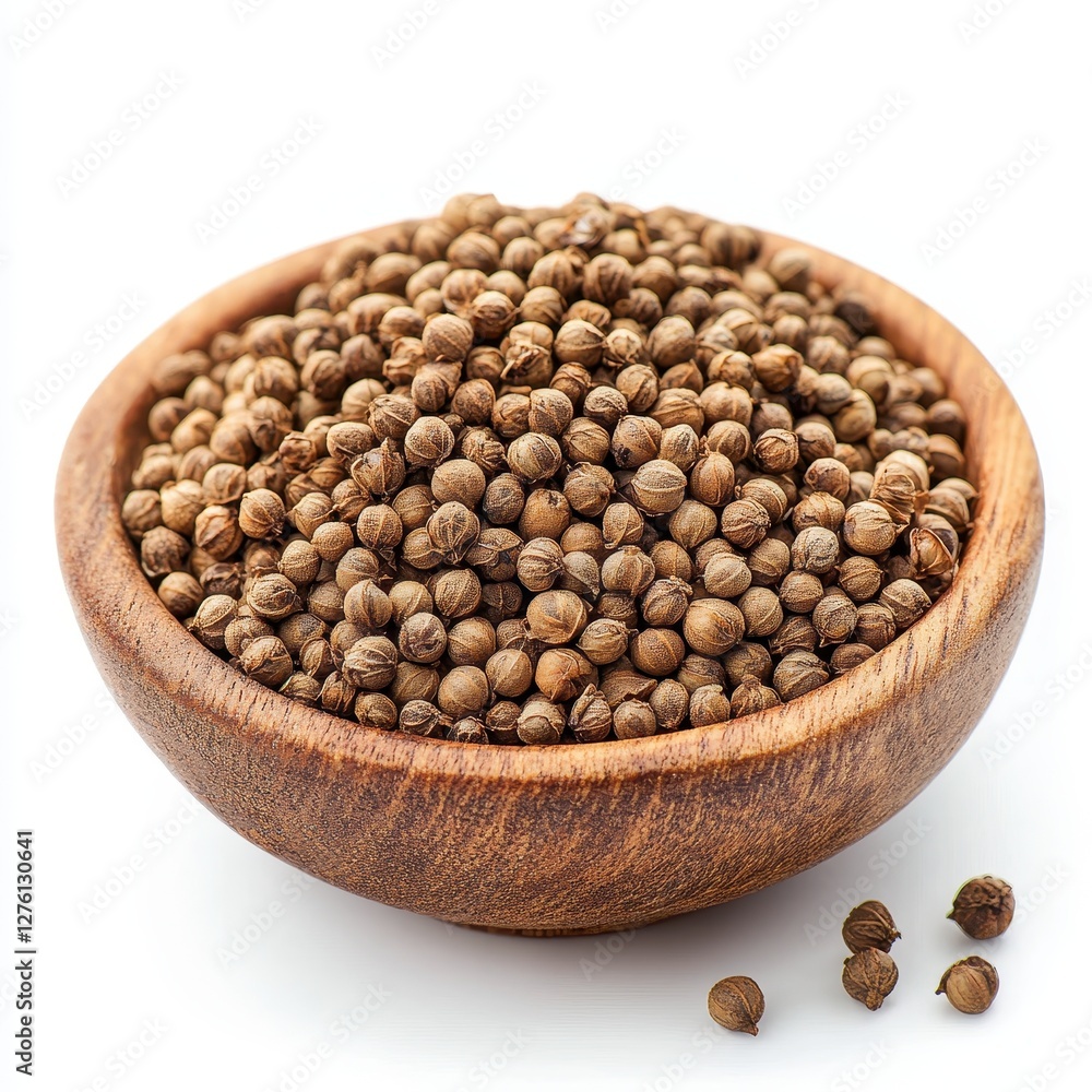 Aromatic Coriander Seeds in Rustic Wooden Bowl. Aromatic Coriander Seeds in Rustic Wooden Bowl.