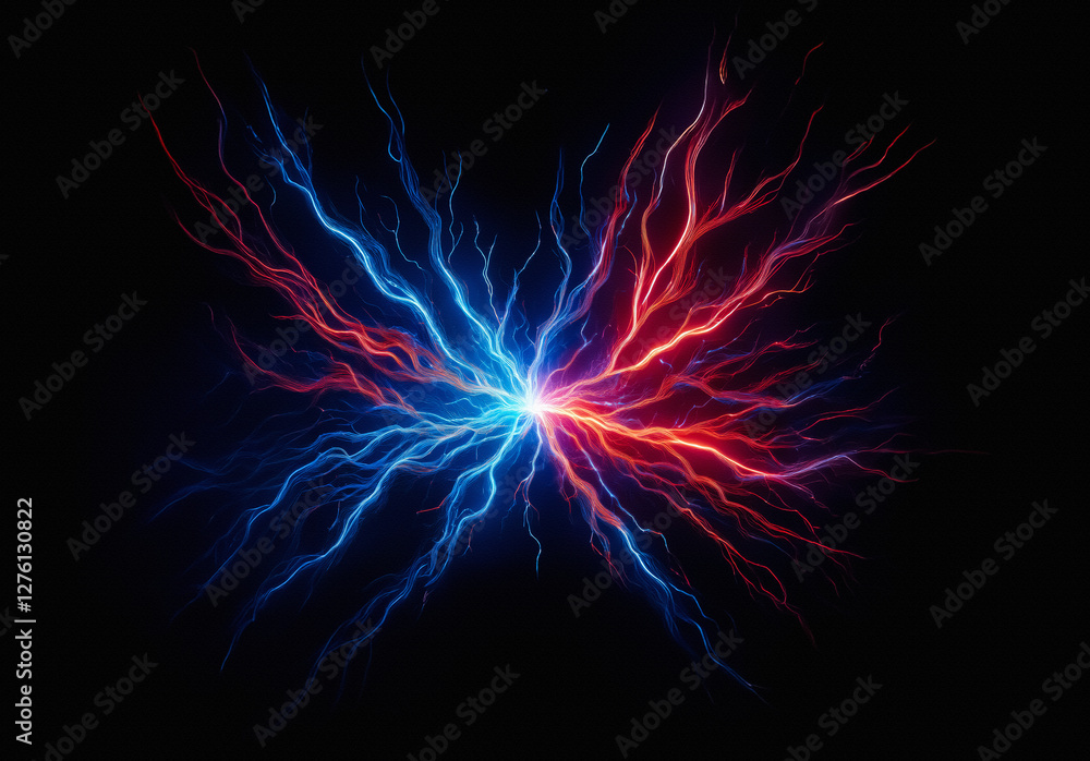 Electric energy bursts from the center, creating a dynamic display of red and blue lightning against a dark backdrop. Electric energy bursts from the center, creating a dynamic display of red and blue lightning against a dark backdrop.