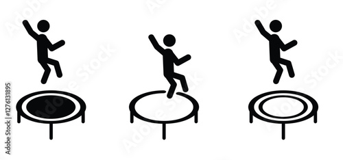 Jump or jumping trampoline. Cartoon inflatable castle or bouncy castle logo. Amusement park, playground  for kids. Children playing. Fly or flying on circus. Gym on school. Have fun on vacation.