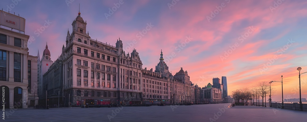 Obraz premium The Bund during sunrise, with soft pastel hues lighting up the historic and modern architecture