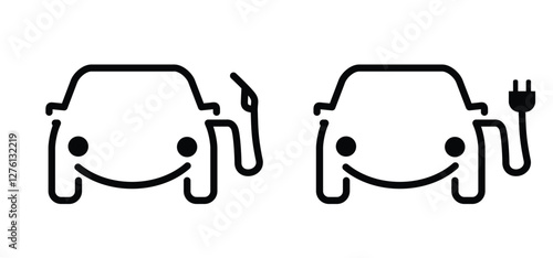 Filling gas station. Petrol pump or electric plug and happy smile face. Electrical cable plugs with pump. Electric vehicle plug charging station point. Battery cars station logo. ev-charger.