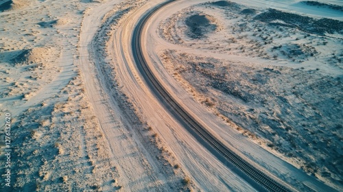 Aerial View of Curved Dirt Road Through Sandy Desert Landscape